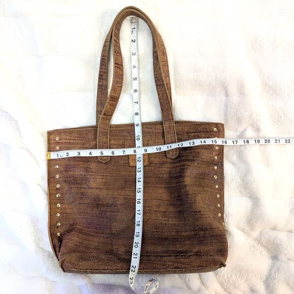 Pilche Brown Distressed Leather Gold Studs Zipper Closure Tote Shoulder Bag - Picture 7 of 9